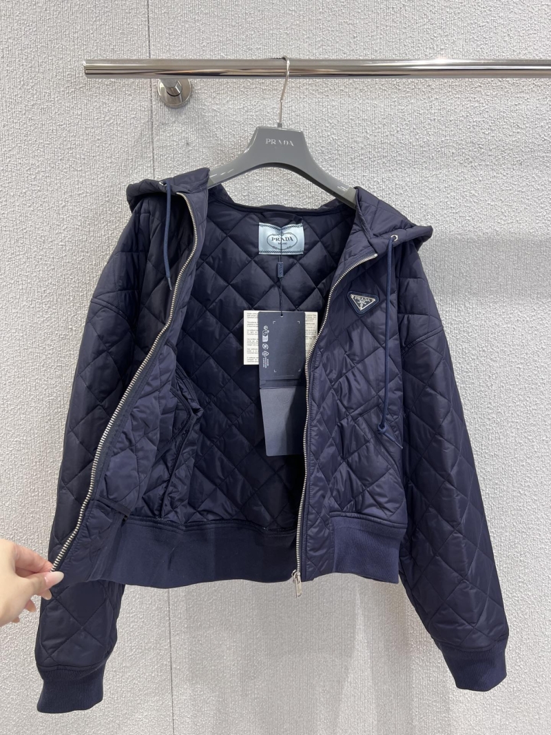 Prada Diamond-Quilted Hooded Jacket in Dark Navy Blue