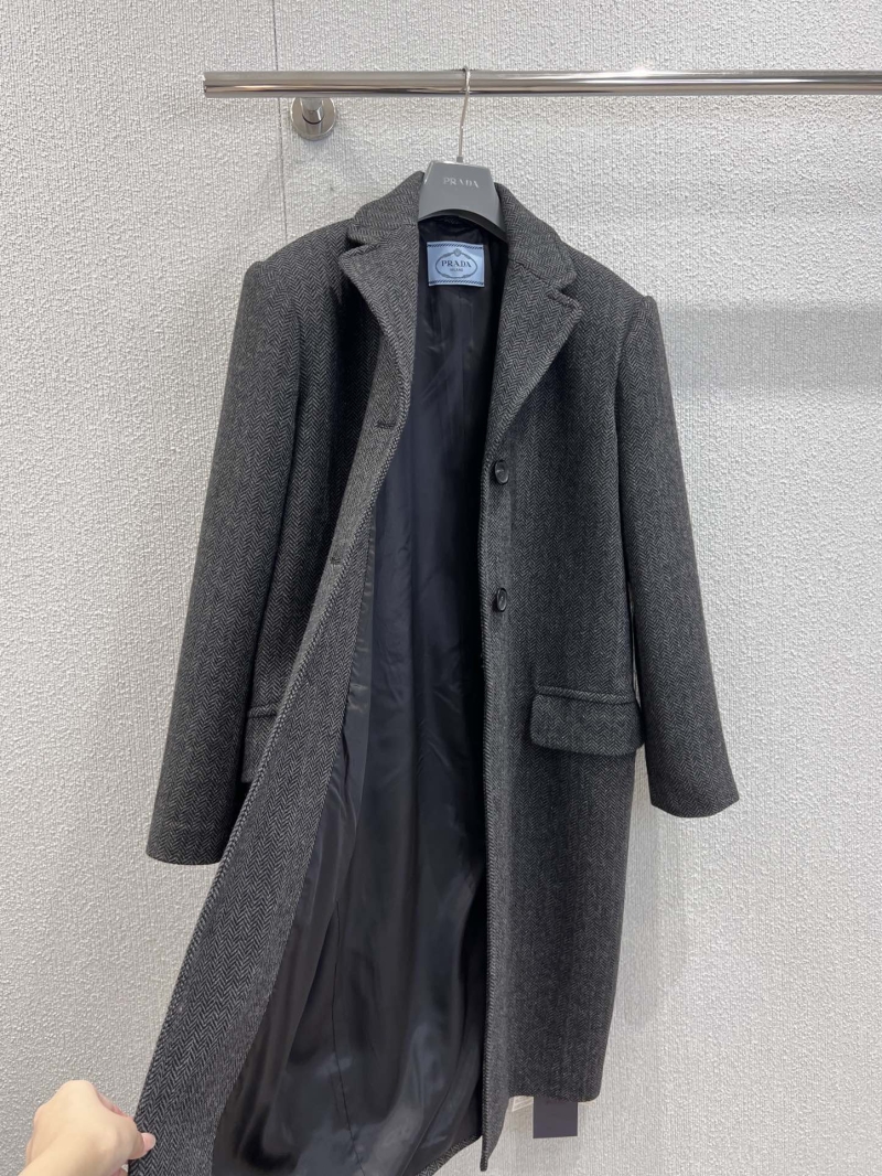 Prada Oversized Herringbone Wool Coat in Dark Gray