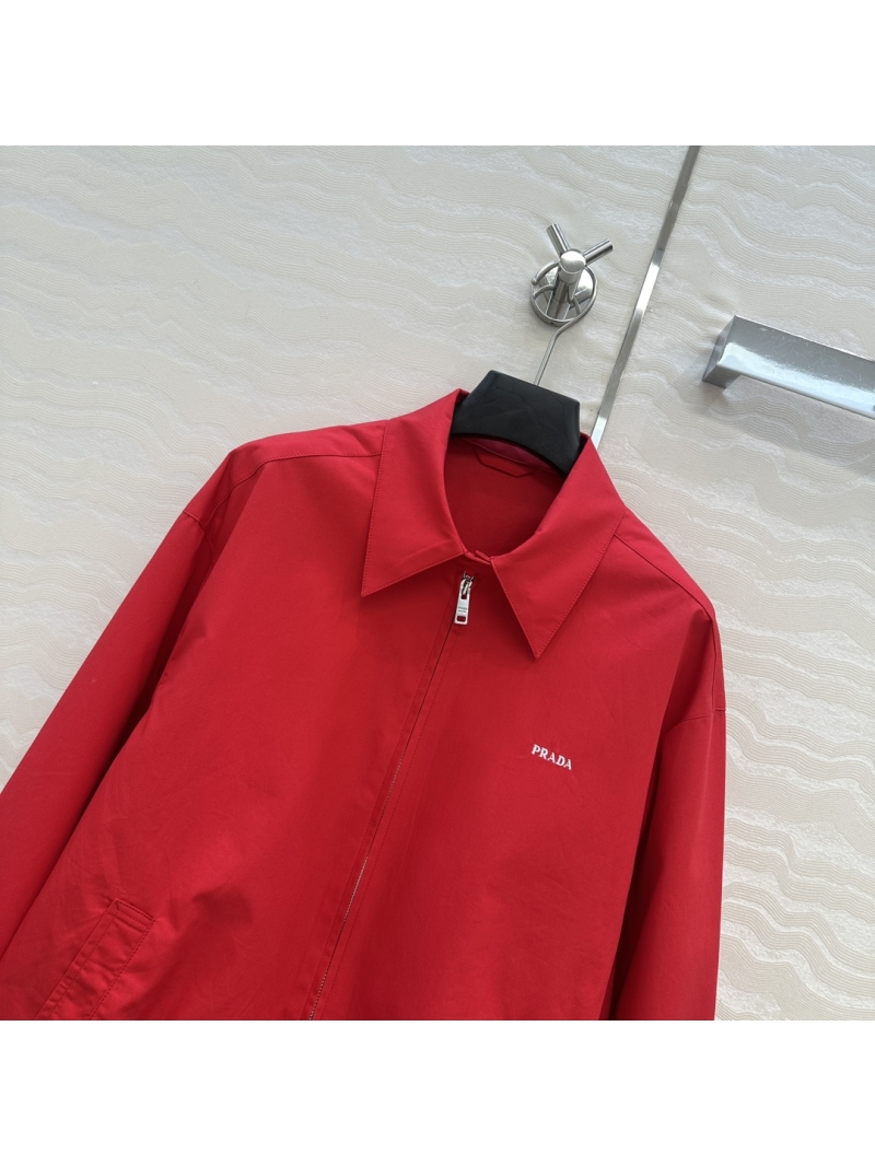 Prada Unisex Red Bomber Jacket in High-Density Twill Cotton with Classic Tailoring