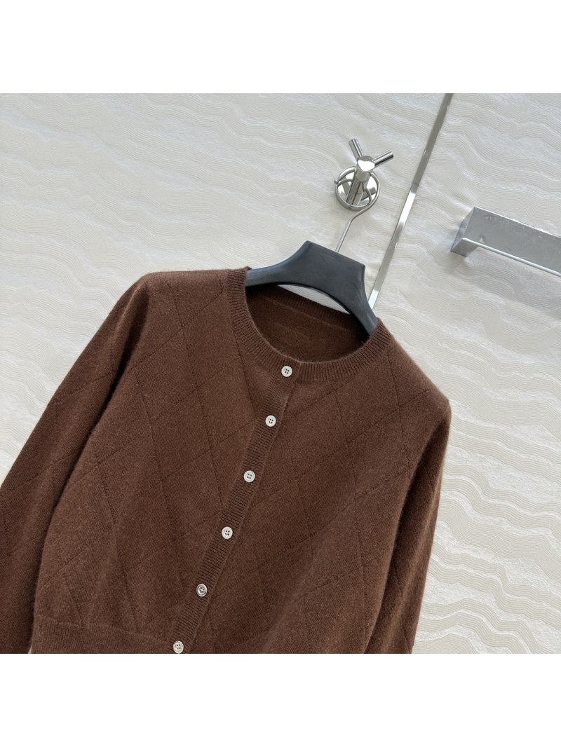 Prada Exclusive Cashmere Round Neck Cropped Cardigan in Caramel with Diamond Jacquard