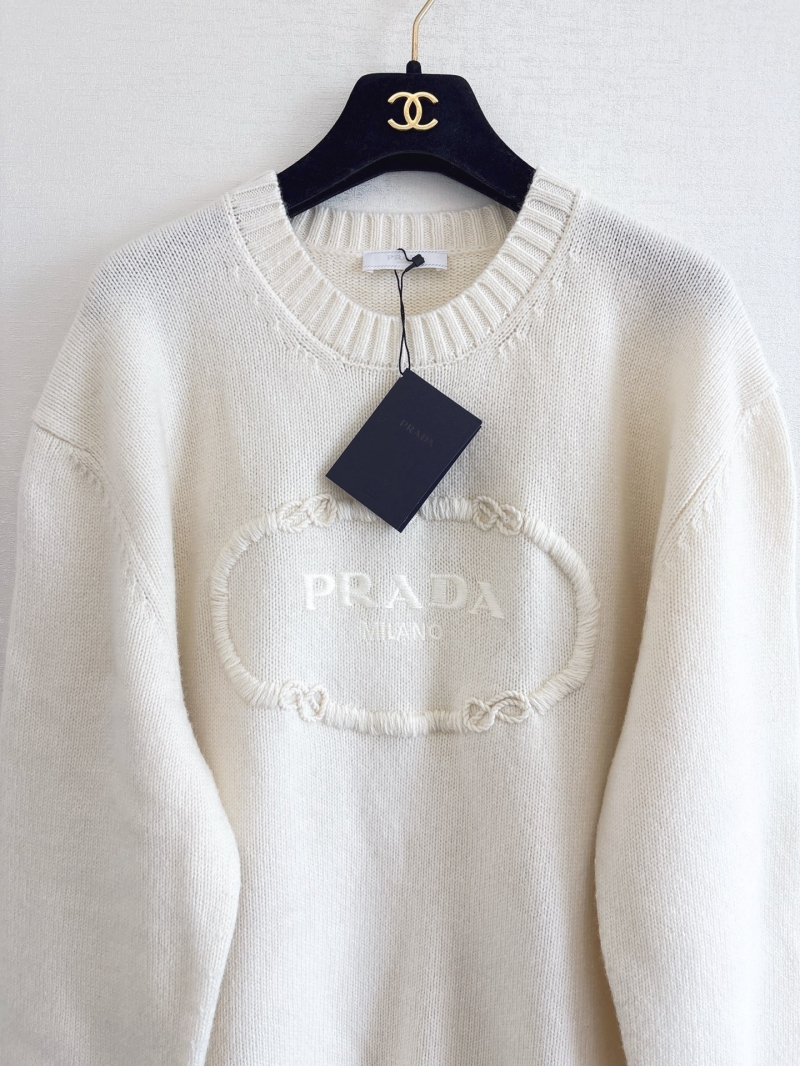 Prada 24FW Early Autumn Embroidered Cashmere Wool Sweater in Cream