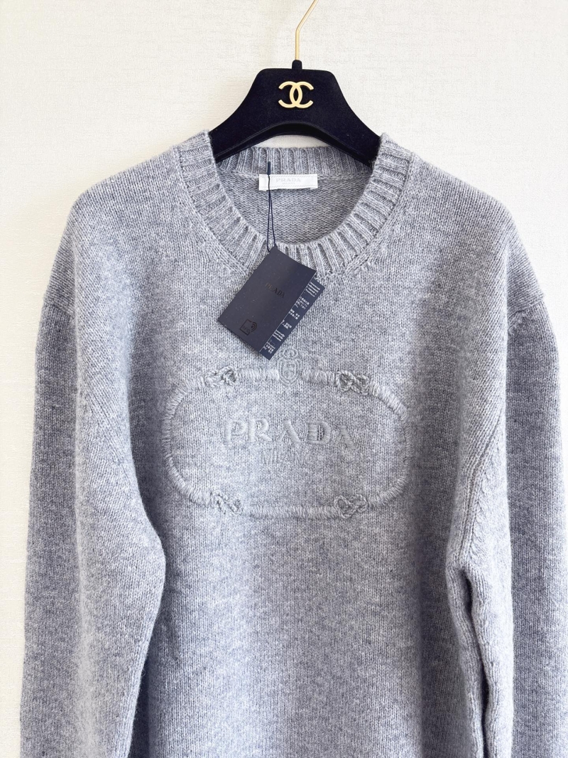 Prada Fall 2024 Rib-Knit Embroidered Logo Cashmere Wool Sweater in Heather Gray