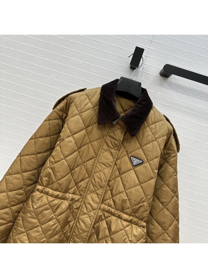 Prada Diamond-Quilted Mid-Length Caramel Jacket with Corduroy Collar and Drawstring Waist