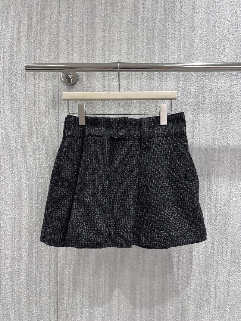 Prada Early Fall Wool Mini Skirt in Black with Check Pattern - High-Waisted A-Line with Decorative Buttons & Pleats