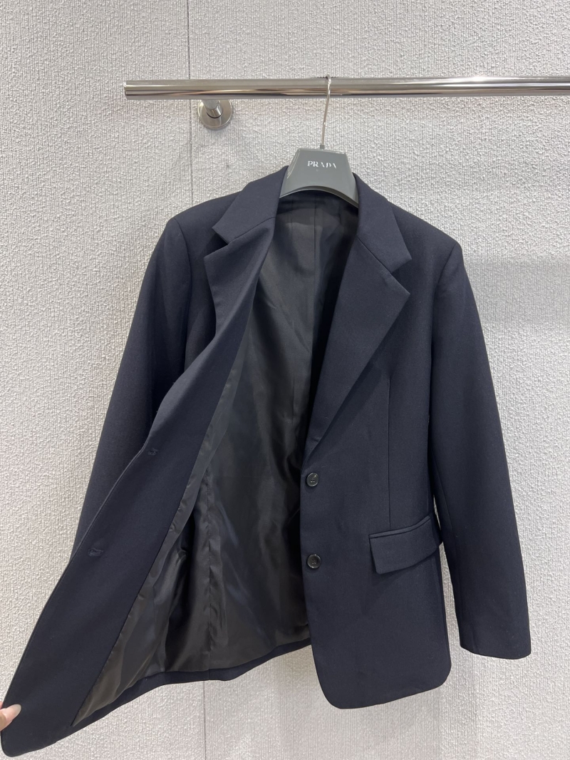 Prada Women's Tailored Blazer in Navy Blue | Exquisite Double-Breasted Design, Knit Triangle Logo, Structured Silhouette for Modern Professionals