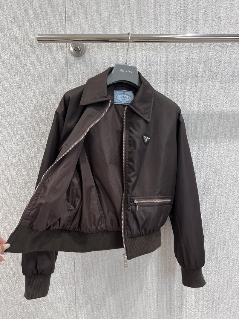 Prada Women's Deep Brown Zip-Up Collar Waist-Defined Nylon Jacket | Exquisite Tailored Fit, Luxe Lightweight Fabric, Couture-Inspired Design