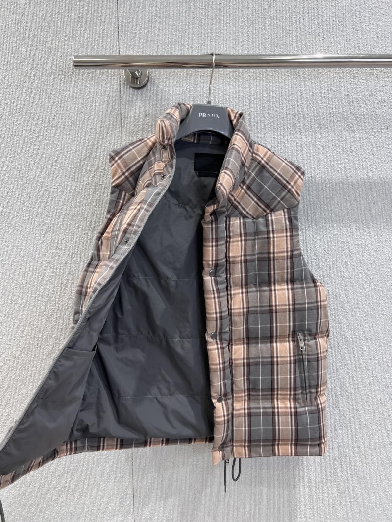 Prada Quilted Plaid Puffer Vest in Warm Autumnal Tones - Stand Collar, Drawstring Hem, Premium Insulation