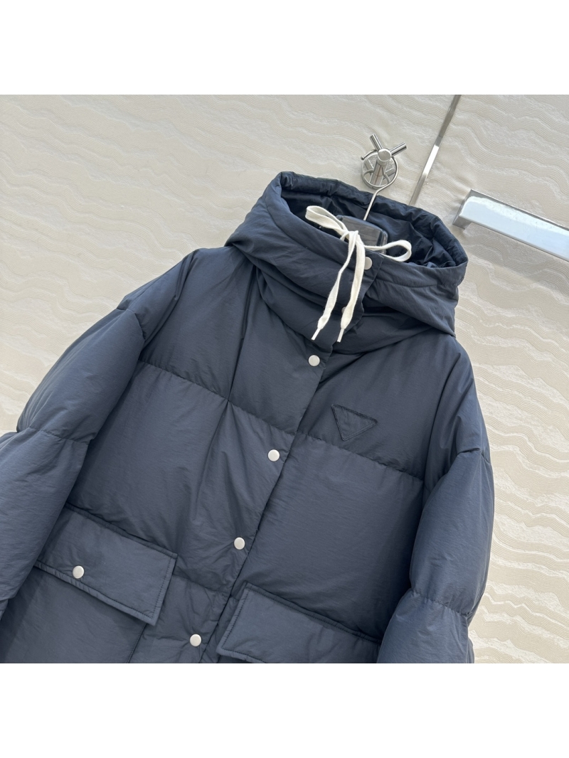 Prada Oversized Hooded Puffer Coat in Deep Navy Blue | 90% White Goose Down, Boxy Fit, Drawstring Waist