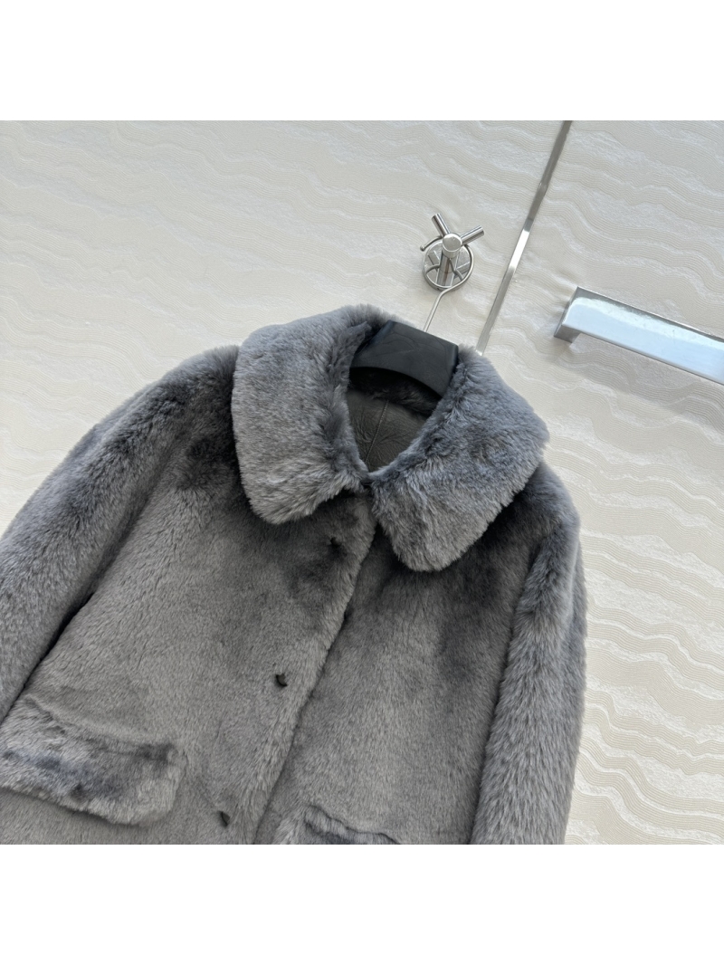 Prada Limited Edition Notched Lapel Coat in Imported Spanish Merino Fur Mink Fur Bakka Fur Blend, Gray