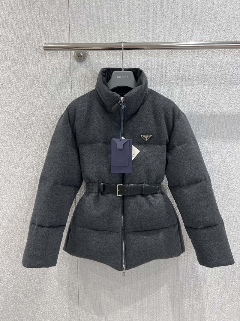 Prada Charcoal Gray Belted Quilted Puffer Jacket | Stand-Up Collar | Signature Logo Plaque