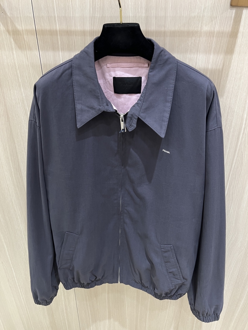 Prada Harrington Jacket in Dusty Slate Blue-Gray - Lightweight Coach-Style with Contrast Pink Lining