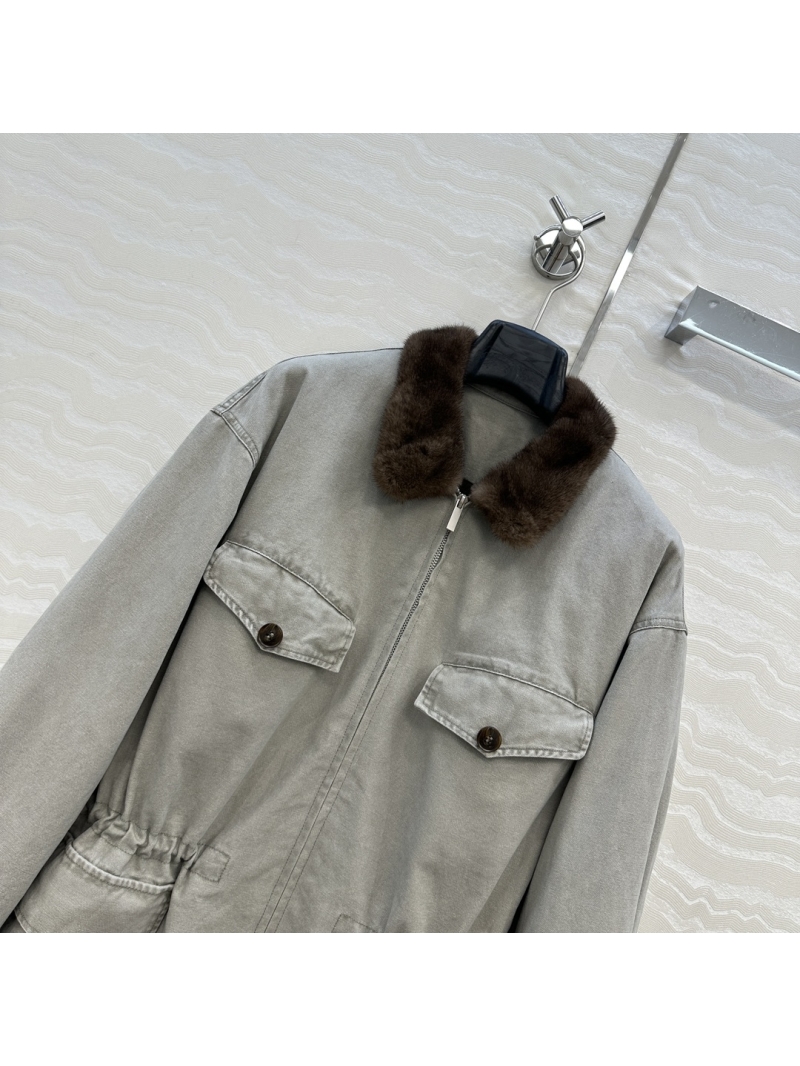 Prada Luxury Mink Collar Field Jacket in Light Grey - Premium Oxford Canvas, Adjustable Waist, Chic Winter Outerwear