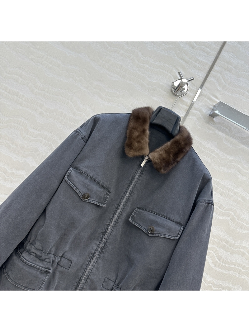 Prada Mink-Trimmed Field Jacket in Grey | Imported Oxford Canvas | Adjustable Drawstring Waist