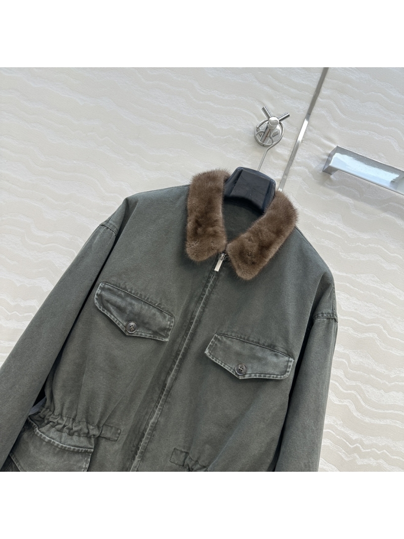 Prada Military Green Mink Fur Collar Field Jacket | Premium Oxford Canvas | Adjustable Drawstring Waist