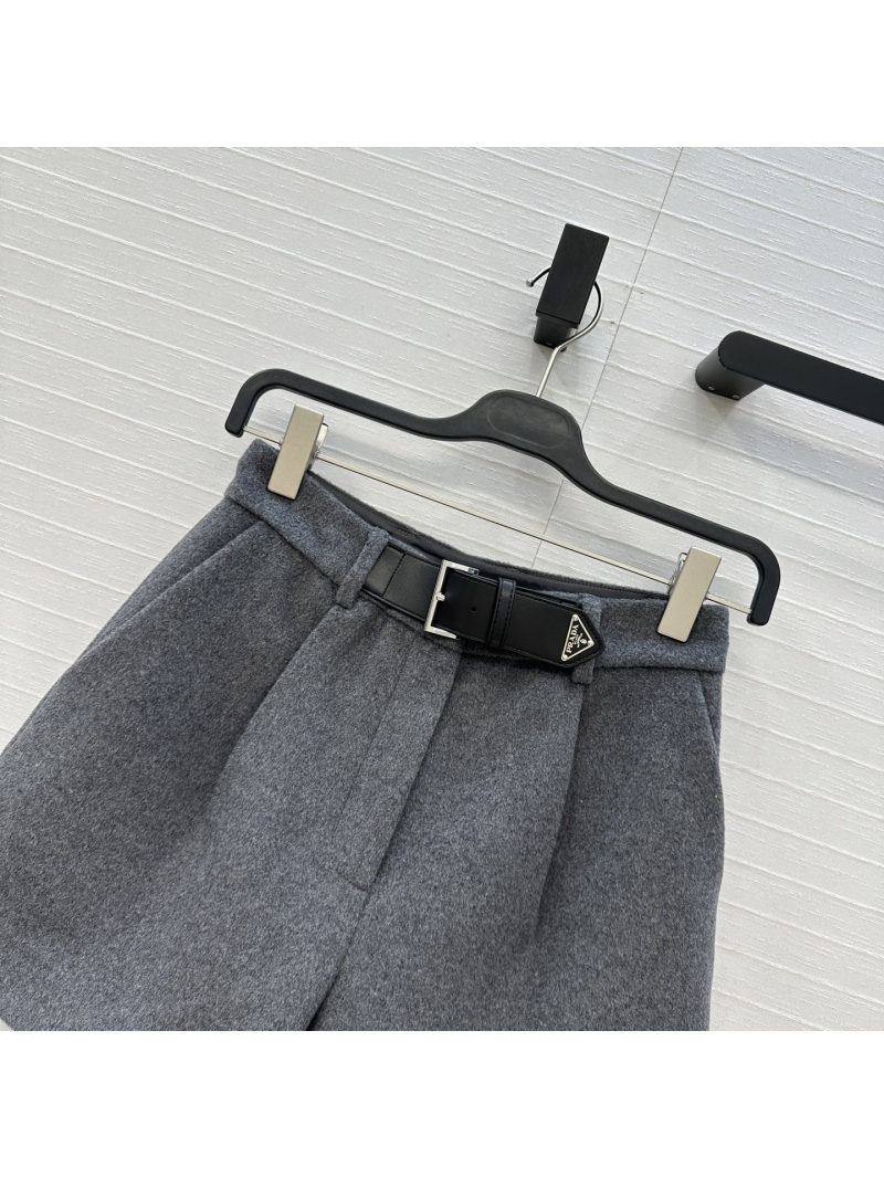 Prada Exquisite Custom Wool Belted Tailored Shorts | Signature Metal Buckle | Pleated Design