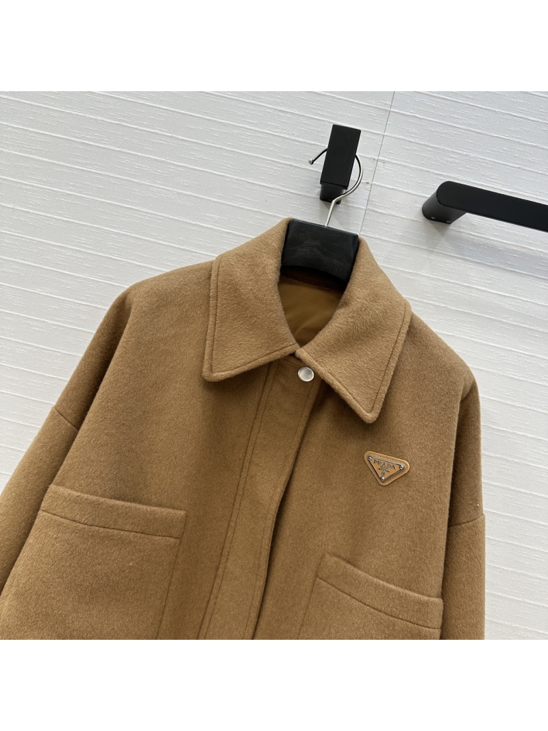 Prada Wool-Blend Cropped Jacket | Caramel | Short Boxed Workwear Style with Metallic Logo