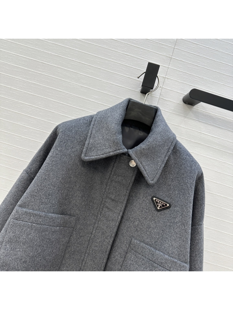 Prada Exquisite Wool Short Cropped Jacket, Drop Shoulder Boxy Fit, Custom Metal Triangle Logo, Limited Edition