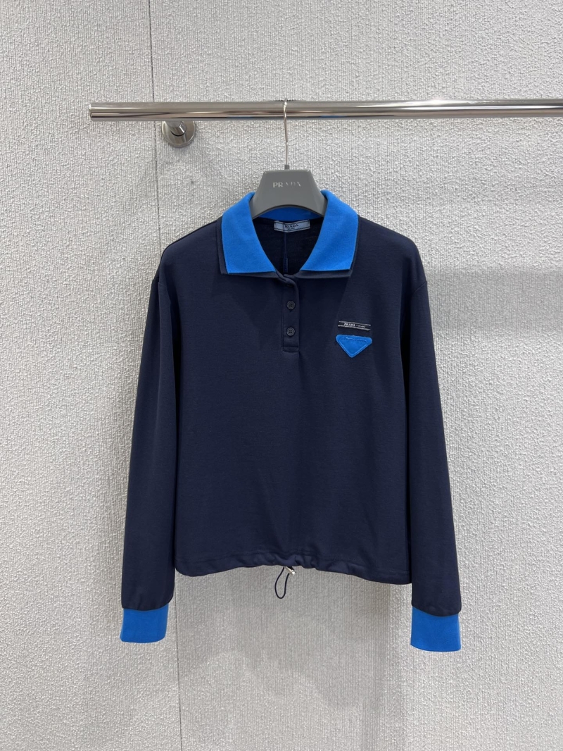 Prada Long-Sleeve Polo Shirt in Navy Blue with Royal Blue Contrast Details | Cropped Hem & Drawstring | S/M/L