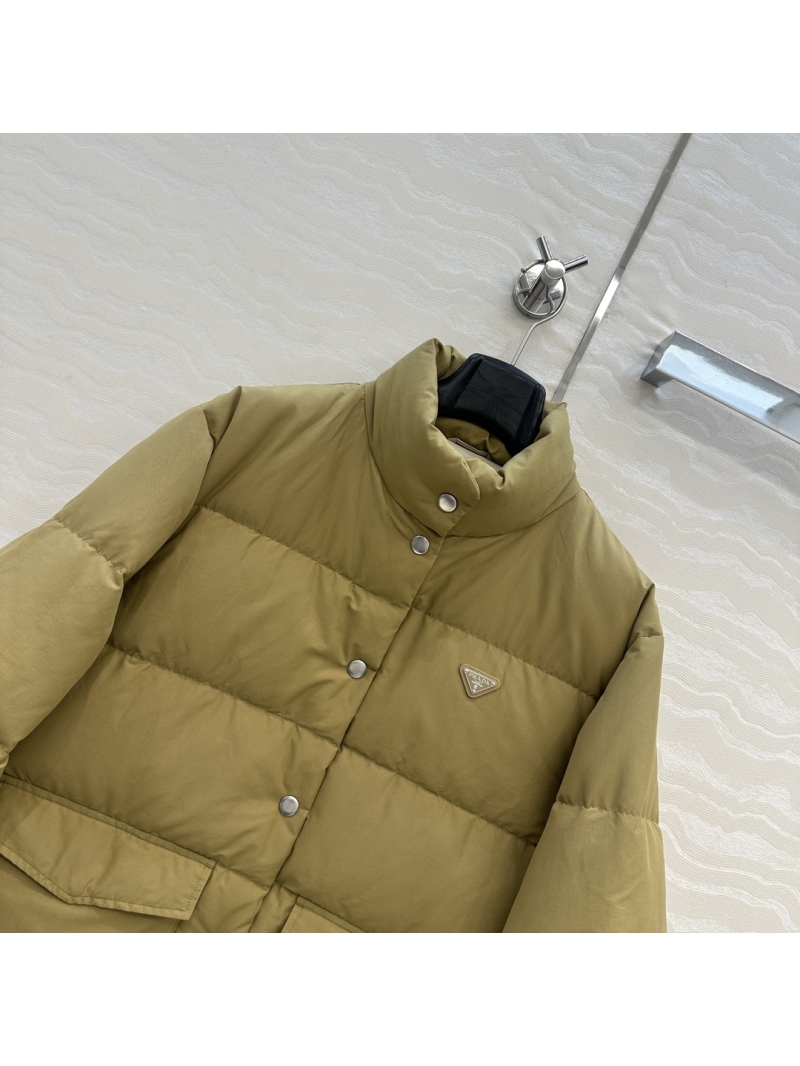 Prada Exclusive-Development Puffer Jacket in Olive Green – Luxe White Goose Down, Stand-Up Collar, Curved Hem, Signature Hardware