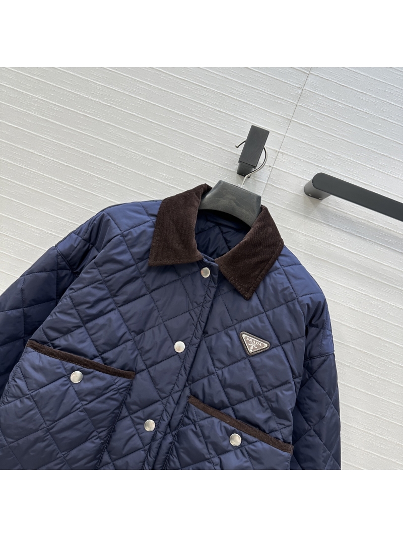 Prada Quilted Cotton Puffer Jacket with Contrast Corduroy Collar, Navy