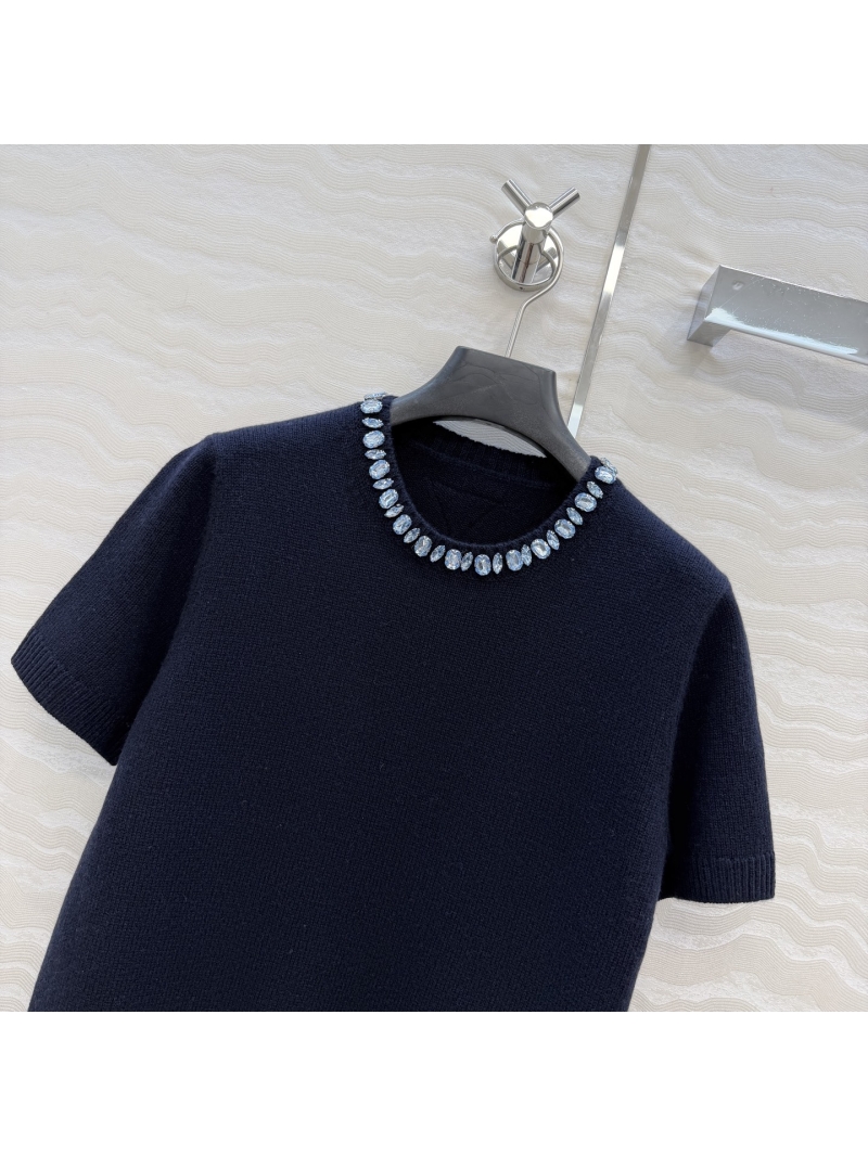 Prada Exquisite Hand-Applied Crystal Collar Cashmere Short-Sleeve Sweater in Deep Navy