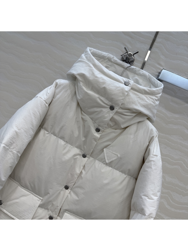 Prada White Goose Down Puffer Coat | Oversized Hooded Winter Jacket with Adjustable Waist