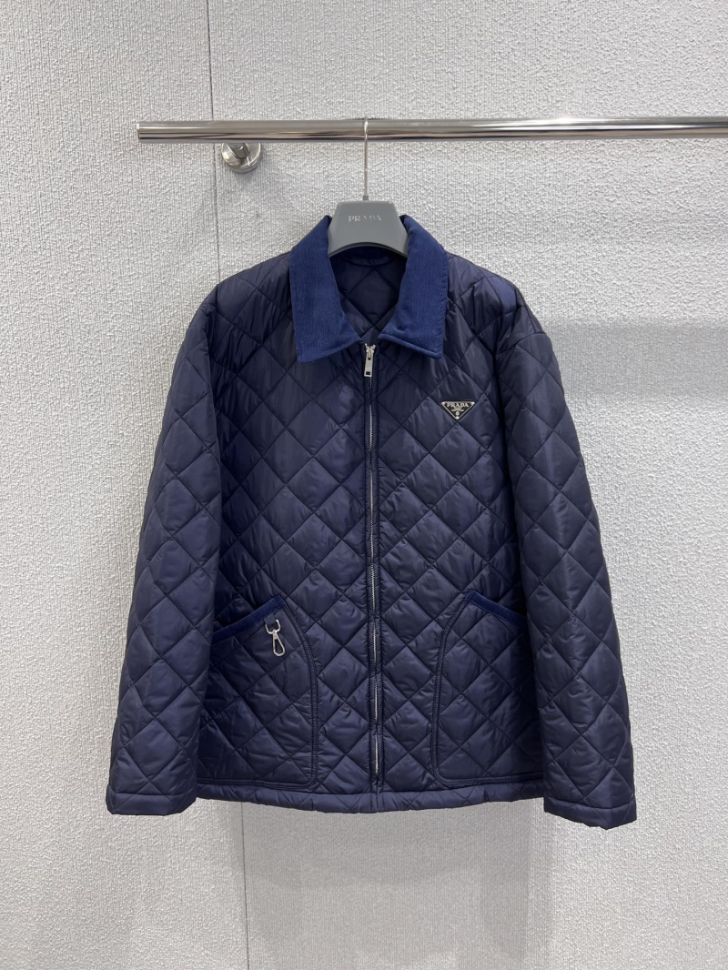 Prada Quilted Lapel Jacket in Navy Blue - Diamond Quilting, Corduroy Accents, Versatile Luxury Outerwear