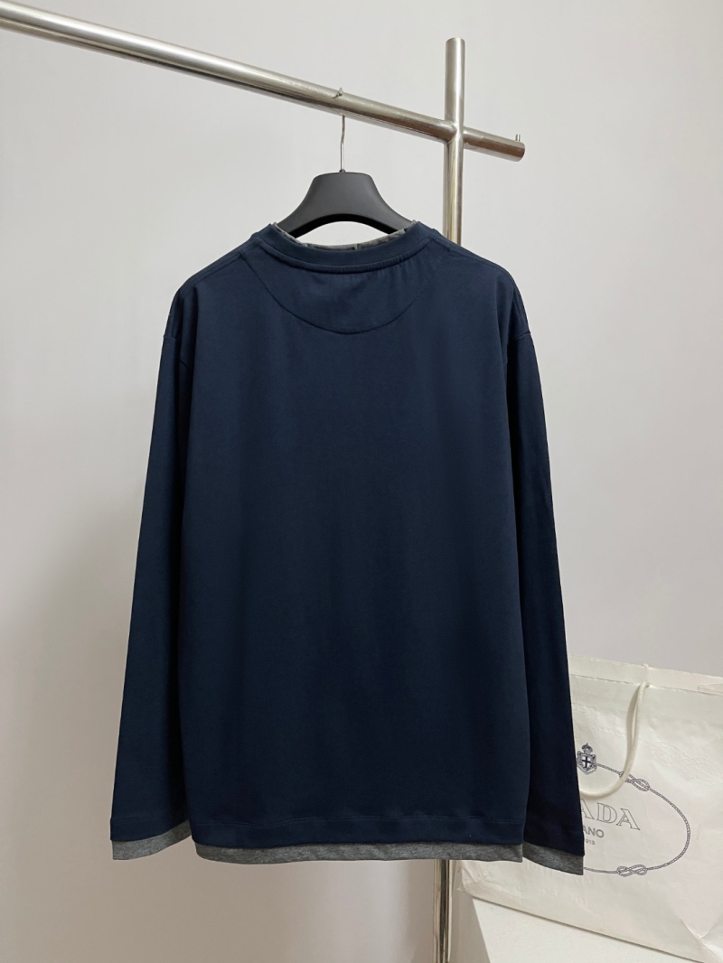Prada Modern Layered Long-Sleeve Crewneck Sweatshirt in Deep Navy Blue with Heather Gray Trim - Minimalist Logo, Relaxed Fit, Luxury Cotton Blend
