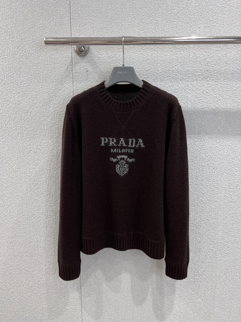 Prada Wool-Cashmere Blend Crewneck Sweater | Milano Crest Intarsia Knit in Espresso Brown