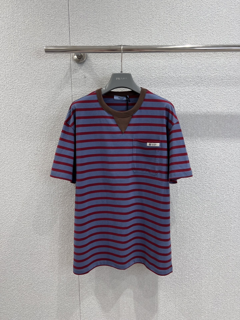 Prada Striped Cotton Knit T-Shirt - Slate Blue and Maroon Oversized Tee