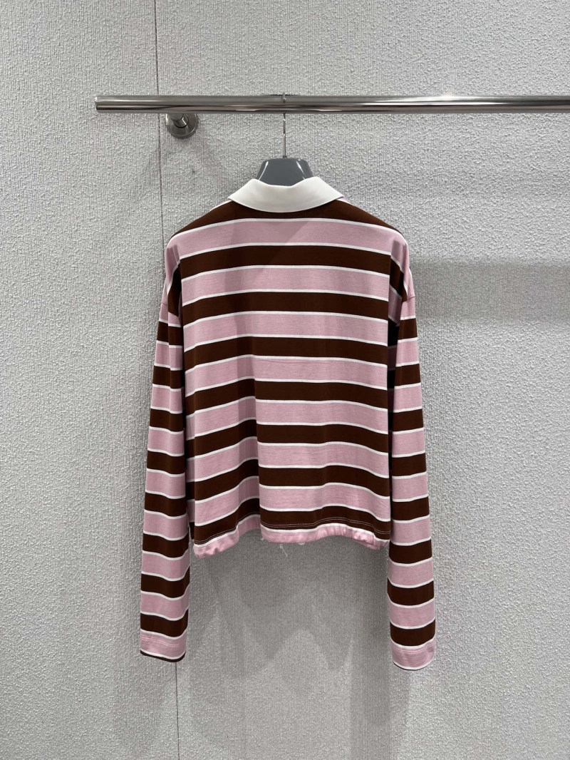 Prada Striped Long-Sleeved Polo Shirt with Adjustable Drawstring Hem - Brown and Pink