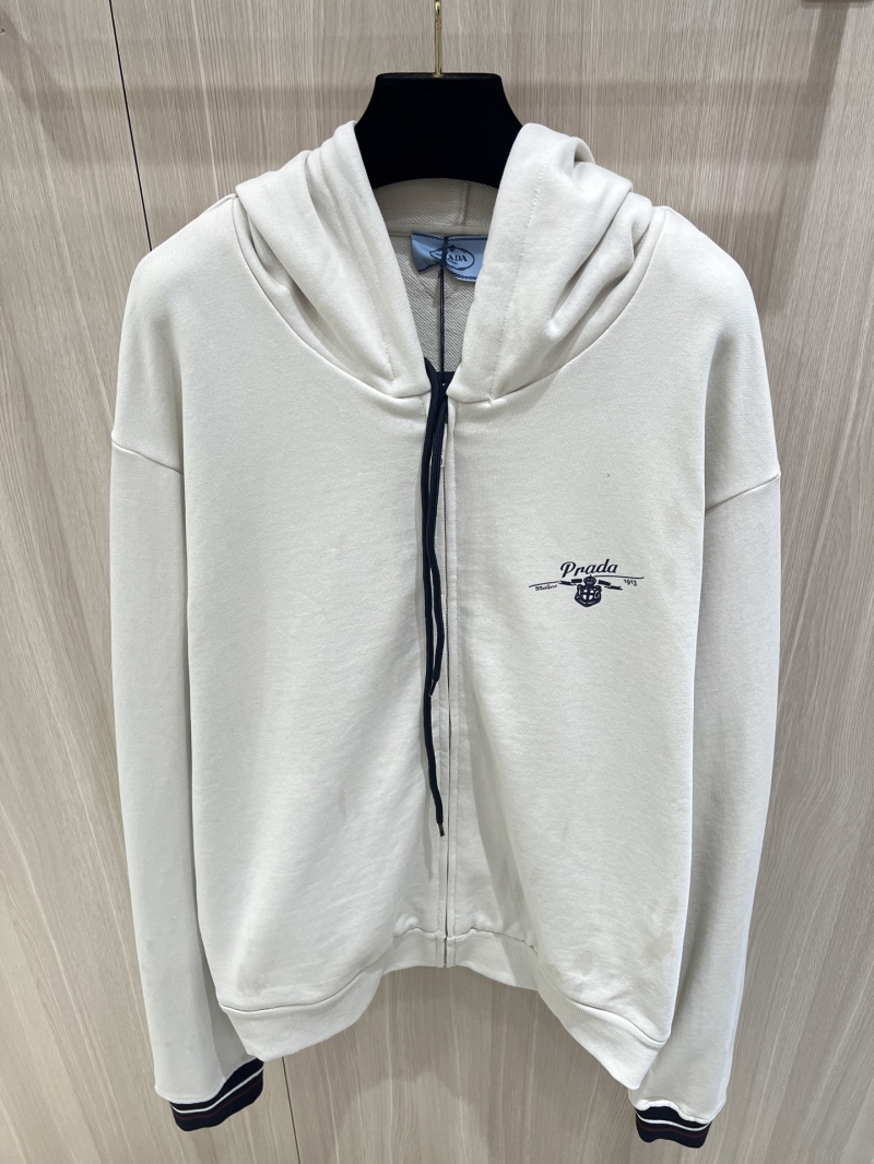 Prada Elevated Zip-Up Hoodie with Varsity Ribbed Trim and Thermal Balancing Fabric, Off-White