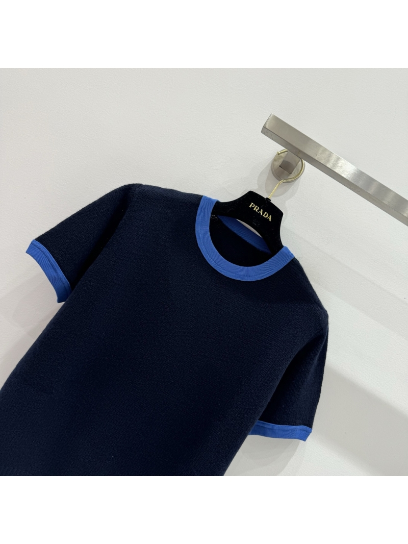 Prada 100% Goat Cashmere Short-Sleeve Knit Sweater in Navy and Royal Blue
