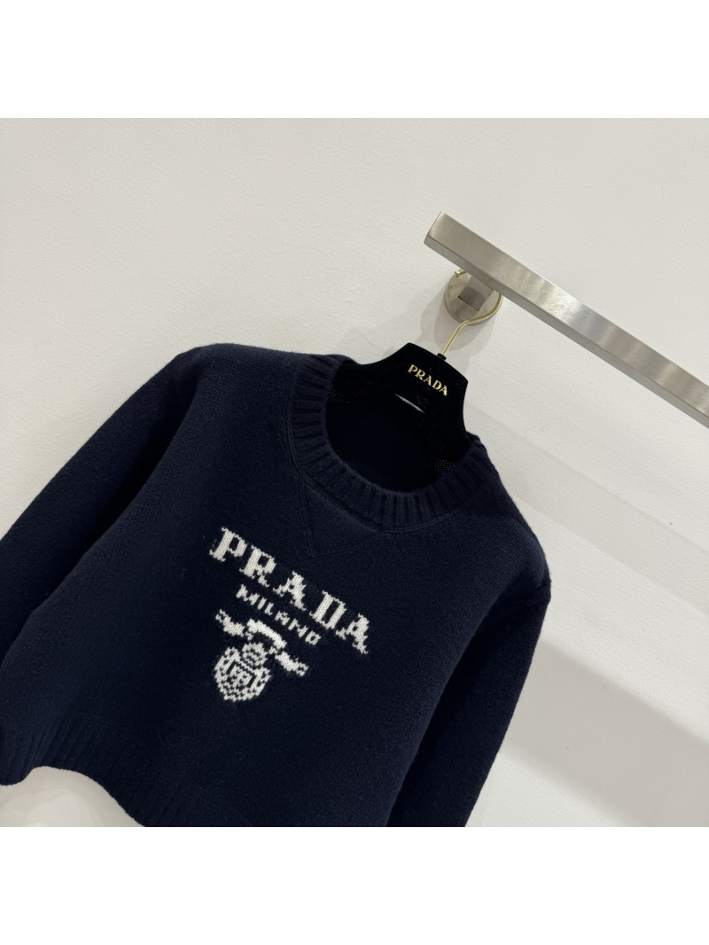 Prada Cropped Cashmere Blend Logo Knit Sweater in Midnight Navy