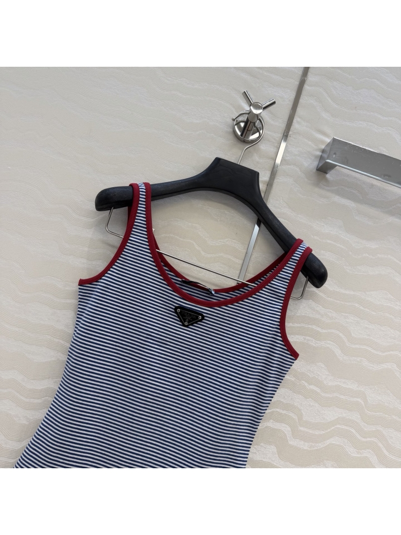 Prada Polished Pure Cotton Nautical Striped Tank Top with Signature Triangle Logo