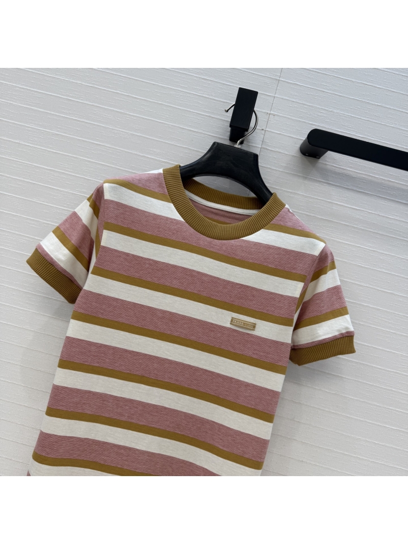 Prada Striped Ribbed-Trim Slim-Fit T-Shirt in Pink and Mustard