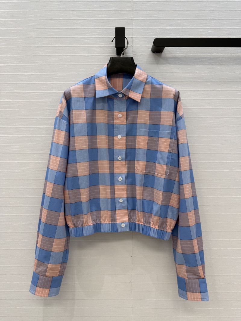 Prada Sumptuous 100% Pure Cotton Yarn-Dyed Plaid Shirt with Elasticated Hem in Blue and Pink