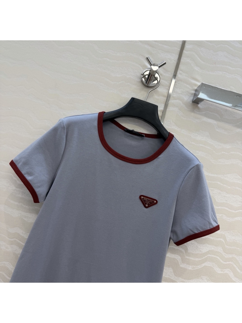 Prada Signature Pure Cotton Contrast Trim T-Shirt in Dusty Blue