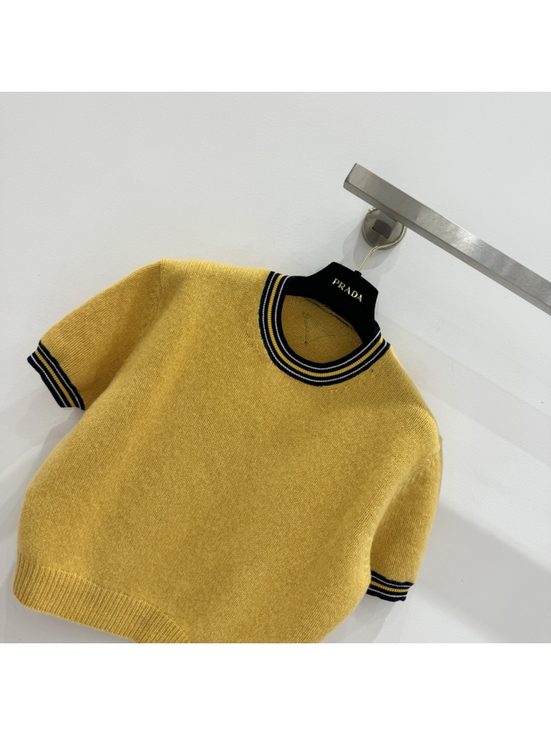Prada Mustard Yellow Striped Trim Knit Short-Sleeve Sweater