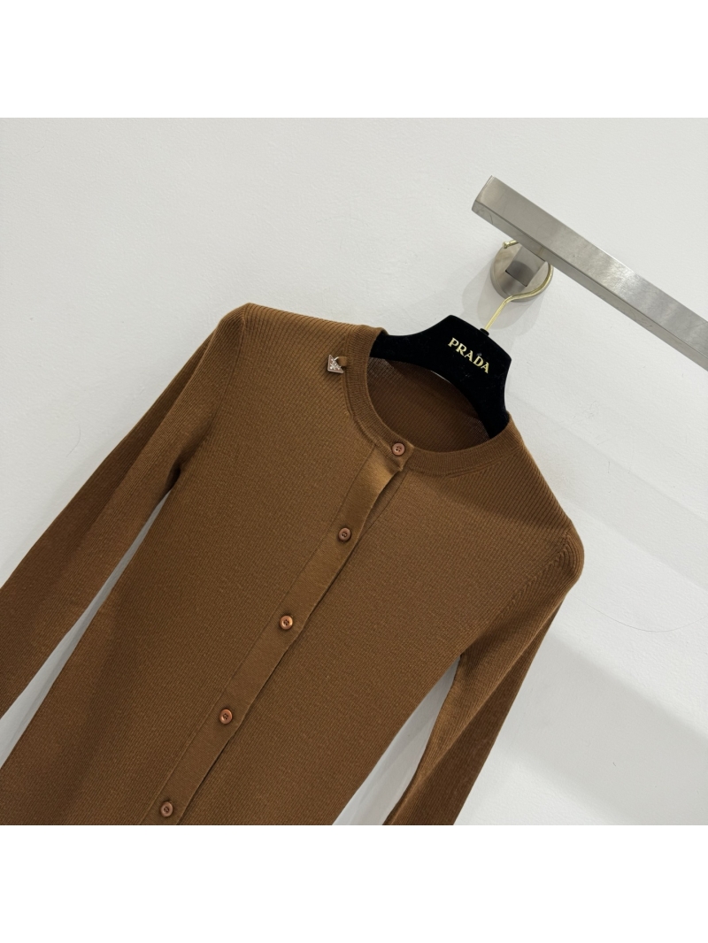 Prada Rib-Knit Logo Crew Neck Cardigan in Tobacco Brown
