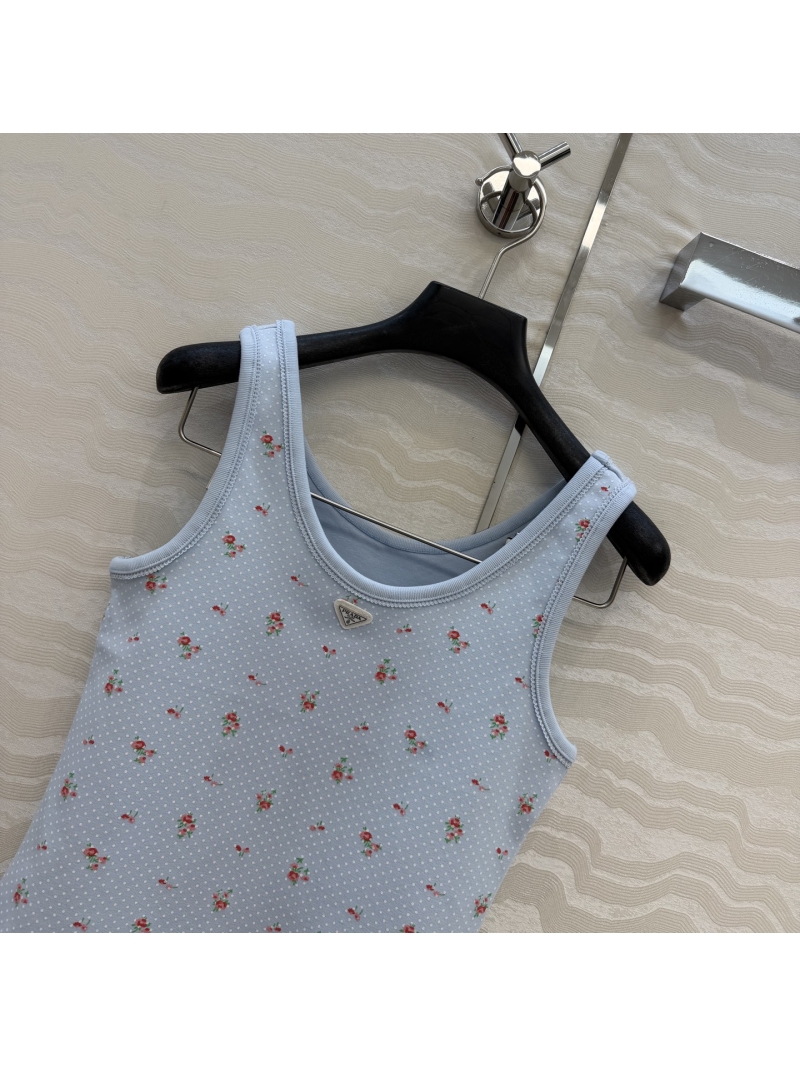 Prada Exquisite Floral Cotton Stretch Slim-Fit Tank Top in Baby Blue