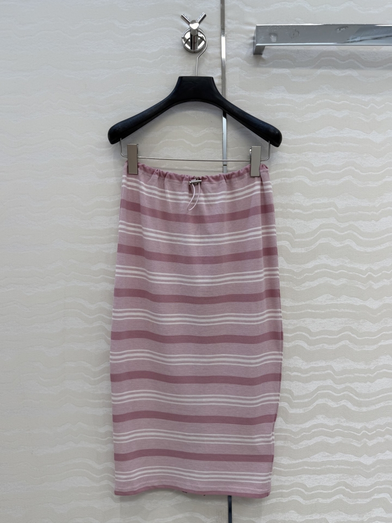 Prada Striped Intellectual Chic Drawstring Midi Skirt in Rose Pink and White