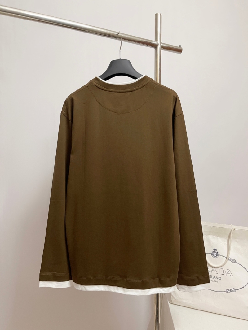 Prada Layered Crewneck Long-Sleeved Sweatshirt in Deep Chocolate Brown - Signature Tonal Triangle Logo, Relaxed Fit, Elevated Casual Luxe - Men's Designer Pullover