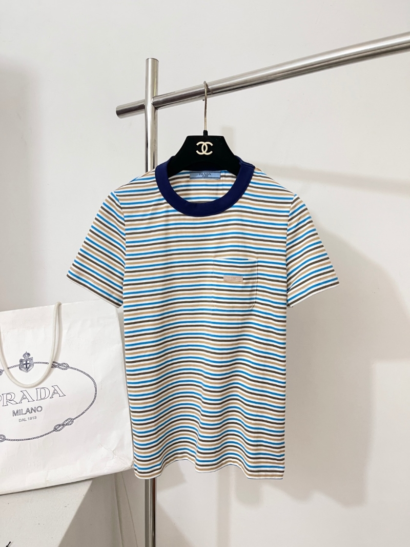 Prada Nautical Stripe Slim Fit Cotton T-Shirt with Metallic Logo