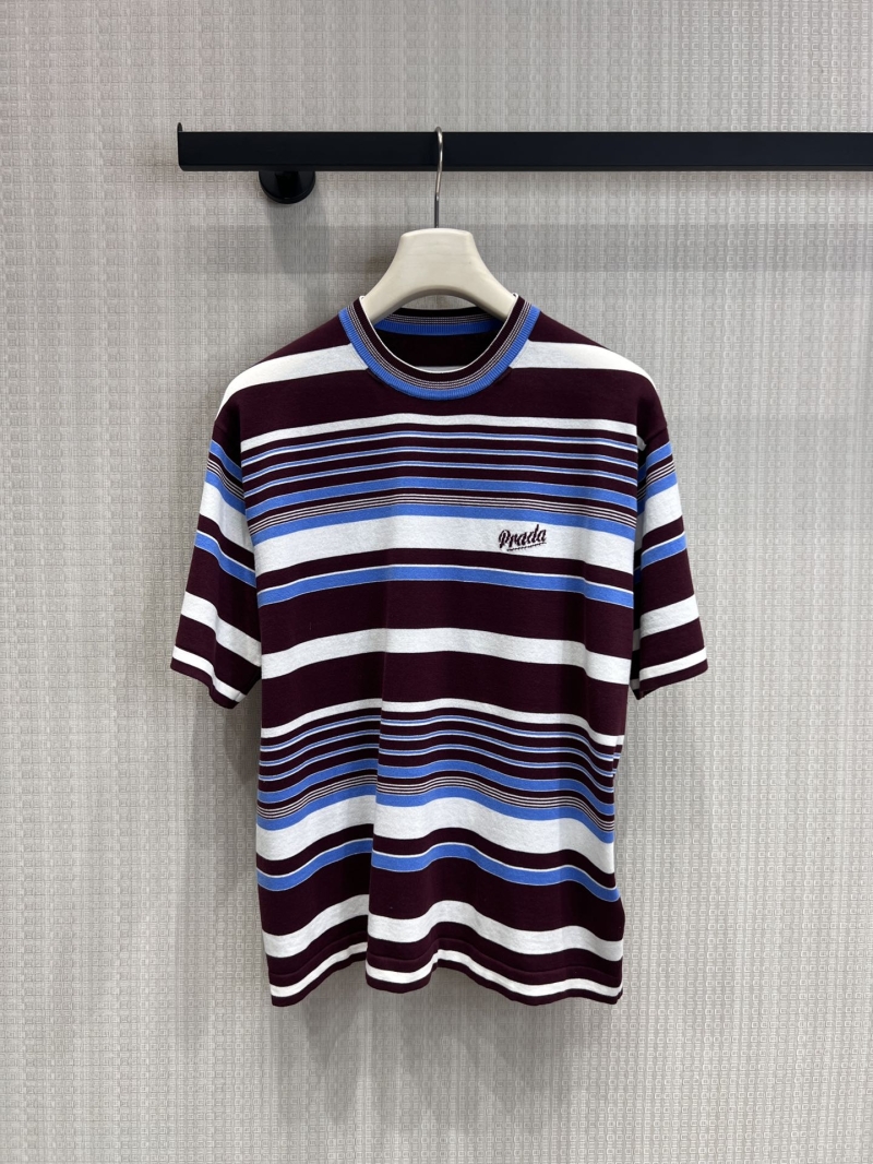 Prada Striped Cotton Short-Sleeve Knit Top in Burgundy and Sky Blue Gradient