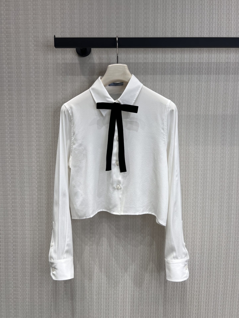 Prada 100% Mulberry Silk Cropped Blouse with Contrast Velvet Bow in White