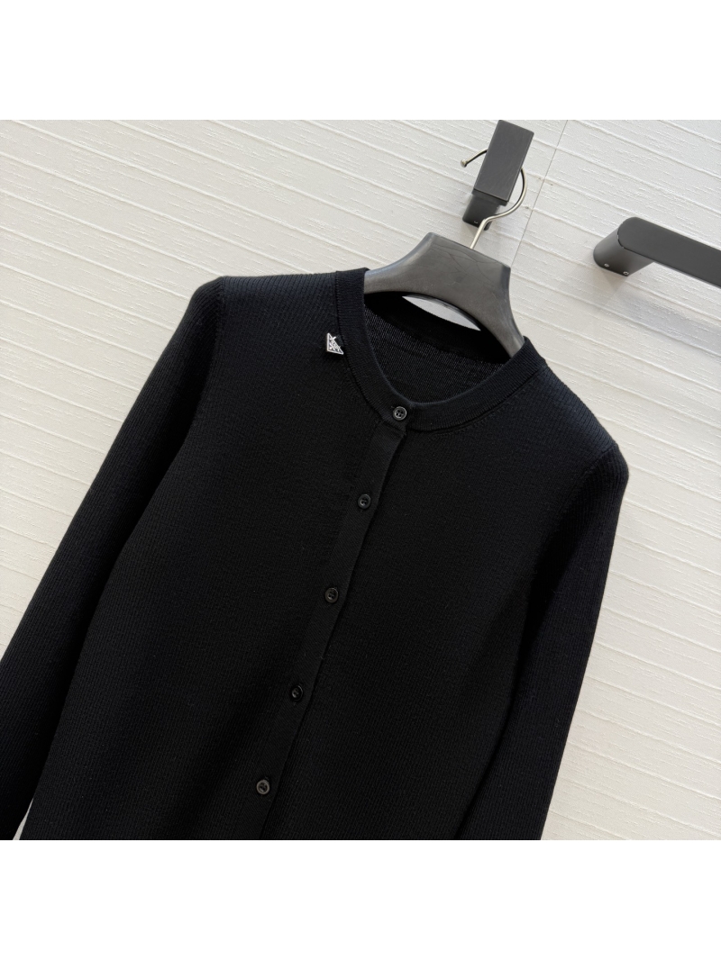 Prada Ribbed Knit Slim-Fit Cardigan with Signature Triangle Logo Charm in Black