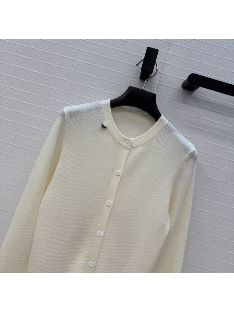 Prada Signature Triangle Charm Ribbed Knit Slim-Fit Cardigan in Ivory White