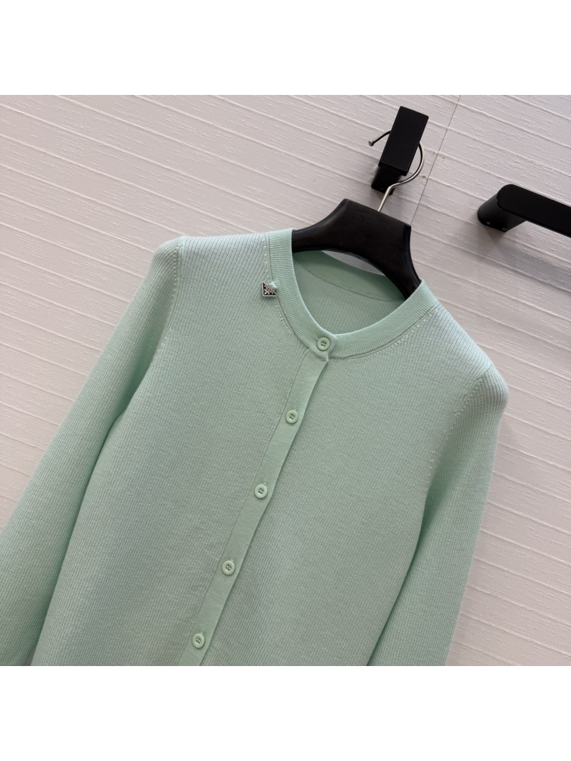 Prada Ribbed Knit Slim-Fit Cardigan with Signature Triangle Charm in Mint Green