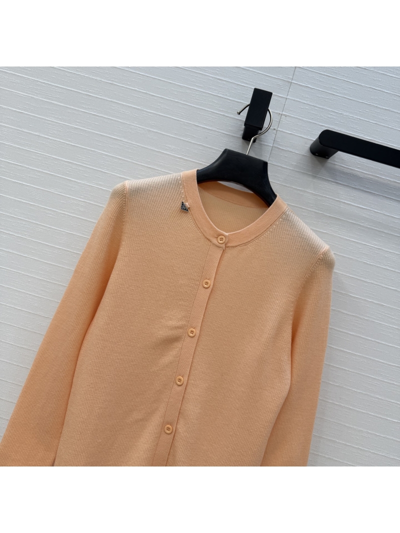 Prada Fine Ribbed Knit Slim-Fit Cardigan with Signature Logo Charm in Apricot